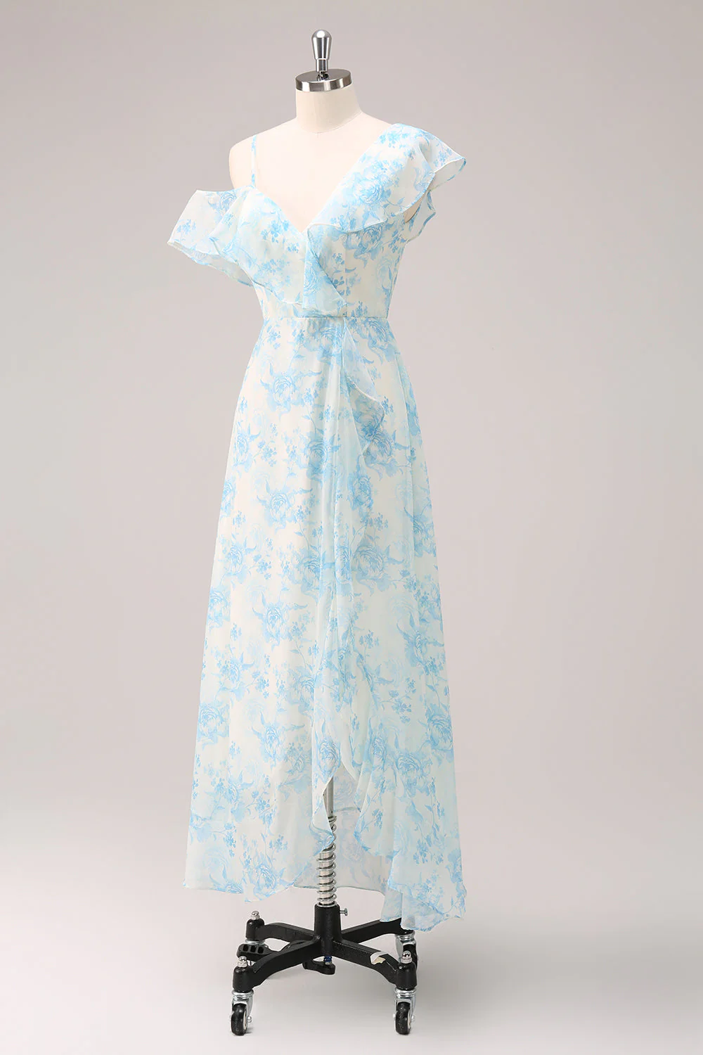 Stylish A-Line White Blue Flower Bridesmaid Dress with Slit - Image 4
