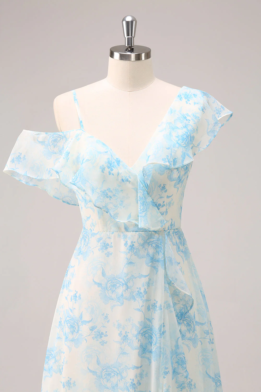Stylish A-Line White Blue Flower Bridesmaid Dress with Slit - Image 5