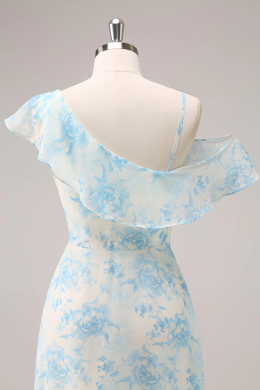 Stylish A-Line White Blue Flower Bridesmaid Dress with Slit - Image 6