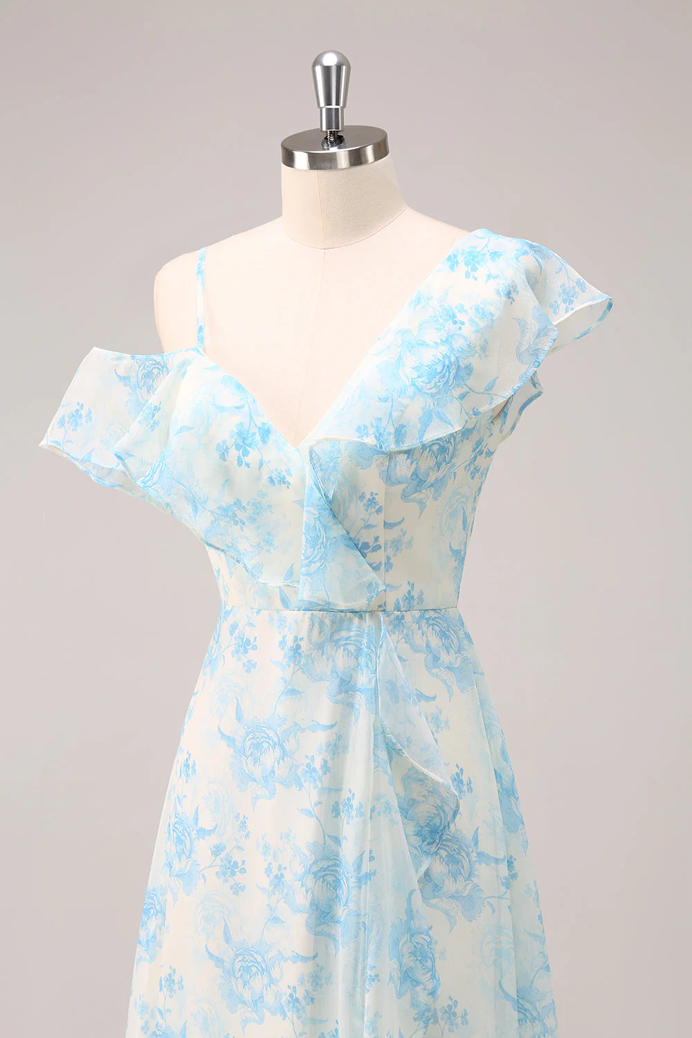 Stylish A-Line White Blue Flower Bridesmaid Dress with Slit - Image 7
