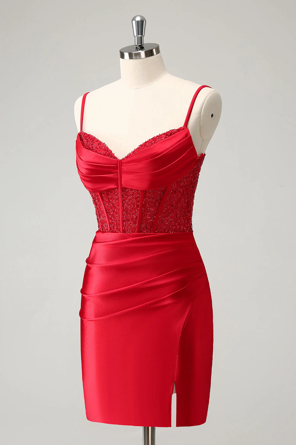 Stylish Red Bodycon Spaghetti Straps Corset Satin Graduation Dress with Slit - Image 5