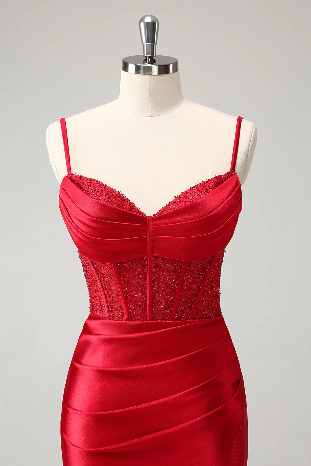 Stylish Red Bodycon Spaghetti Straps Corset Satin Graduation Dress with Slit - Image 6