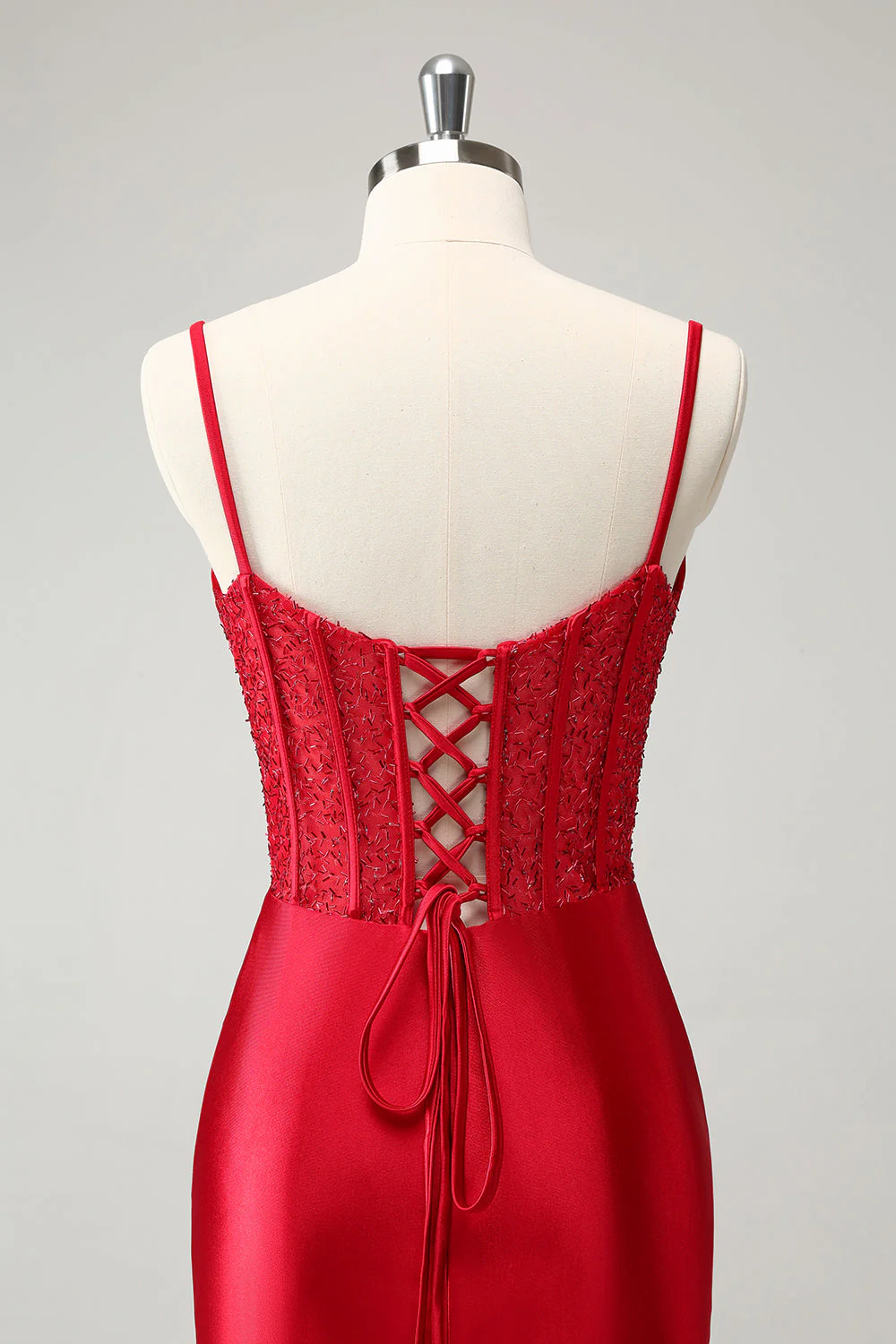 Stylish Red Bodycon Spaghetti Straps Corset Satin Graduation Dress with Slit - Image 7