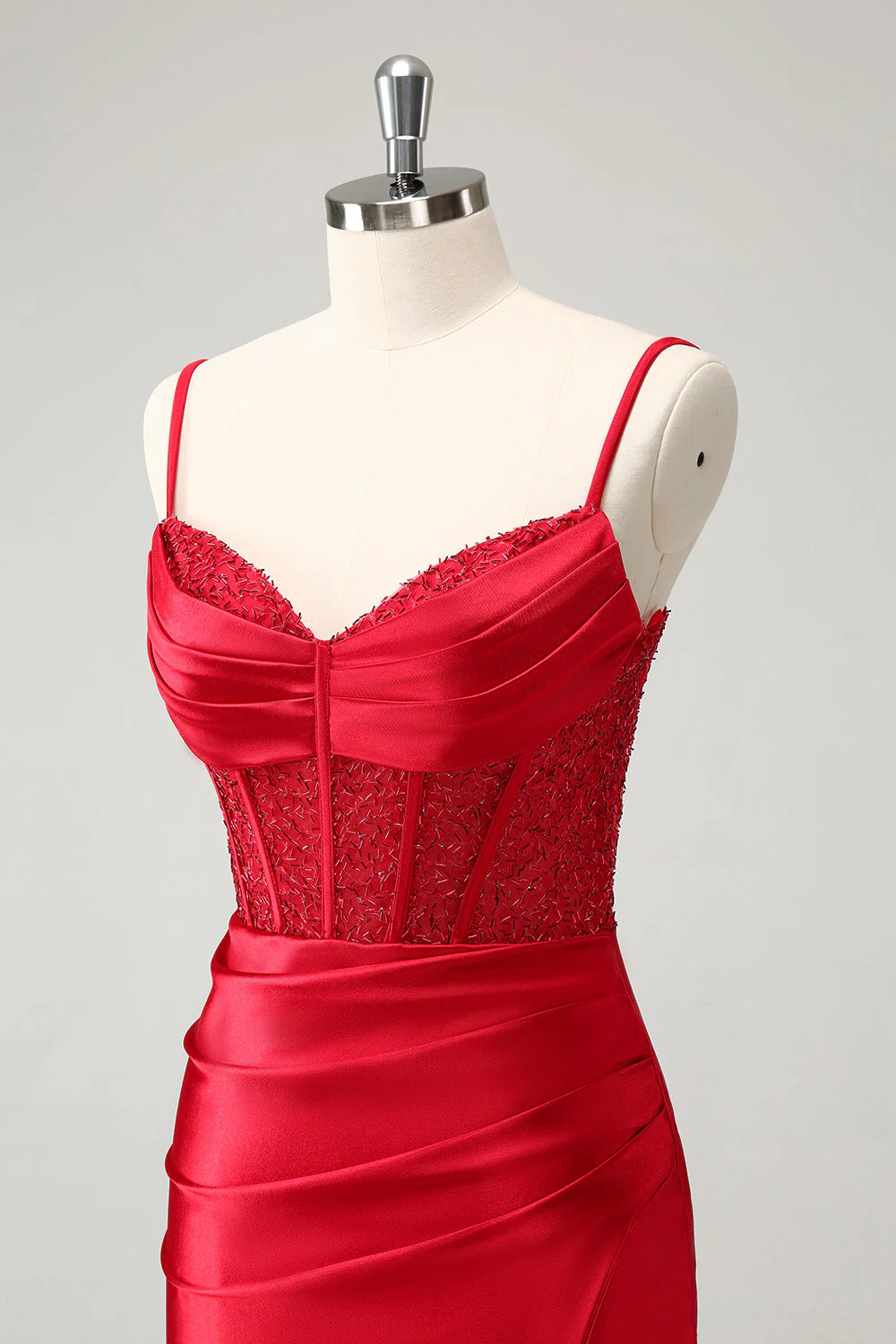 Stylish Red Bodycon Spaghetti Straps Corset Satin Graduation Dress with Slit - Image 8