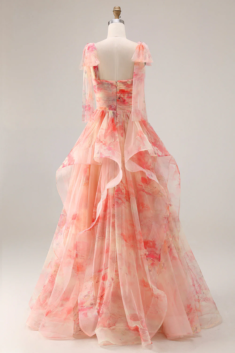 Sunset A-Line Cut Out Ruffled Printed Floral Long Prom Dress with Bow - Image 2