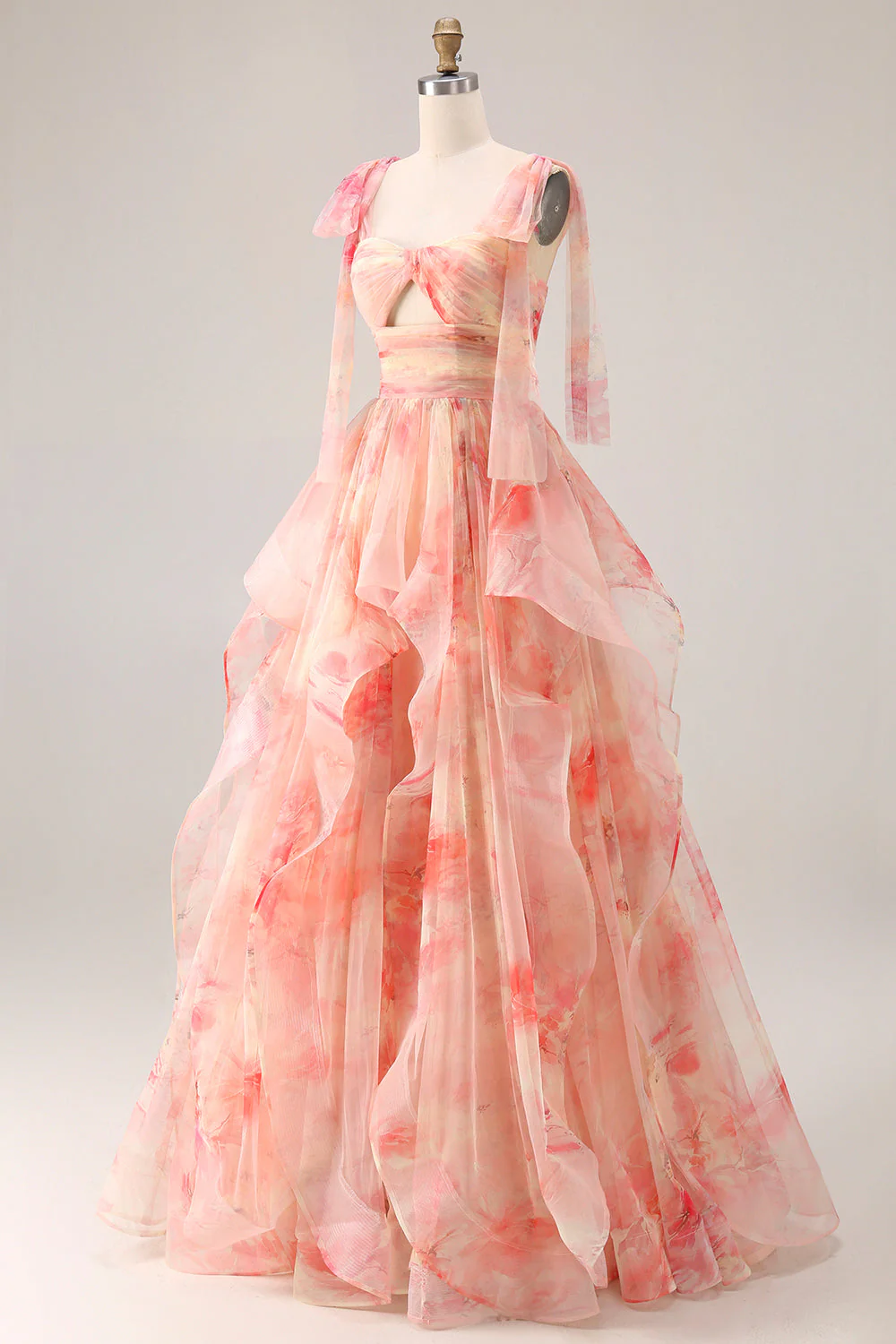 Sunset A-Line Cut Out Ruffled Printed Floral Long Prom Dress with Bow - Image 3