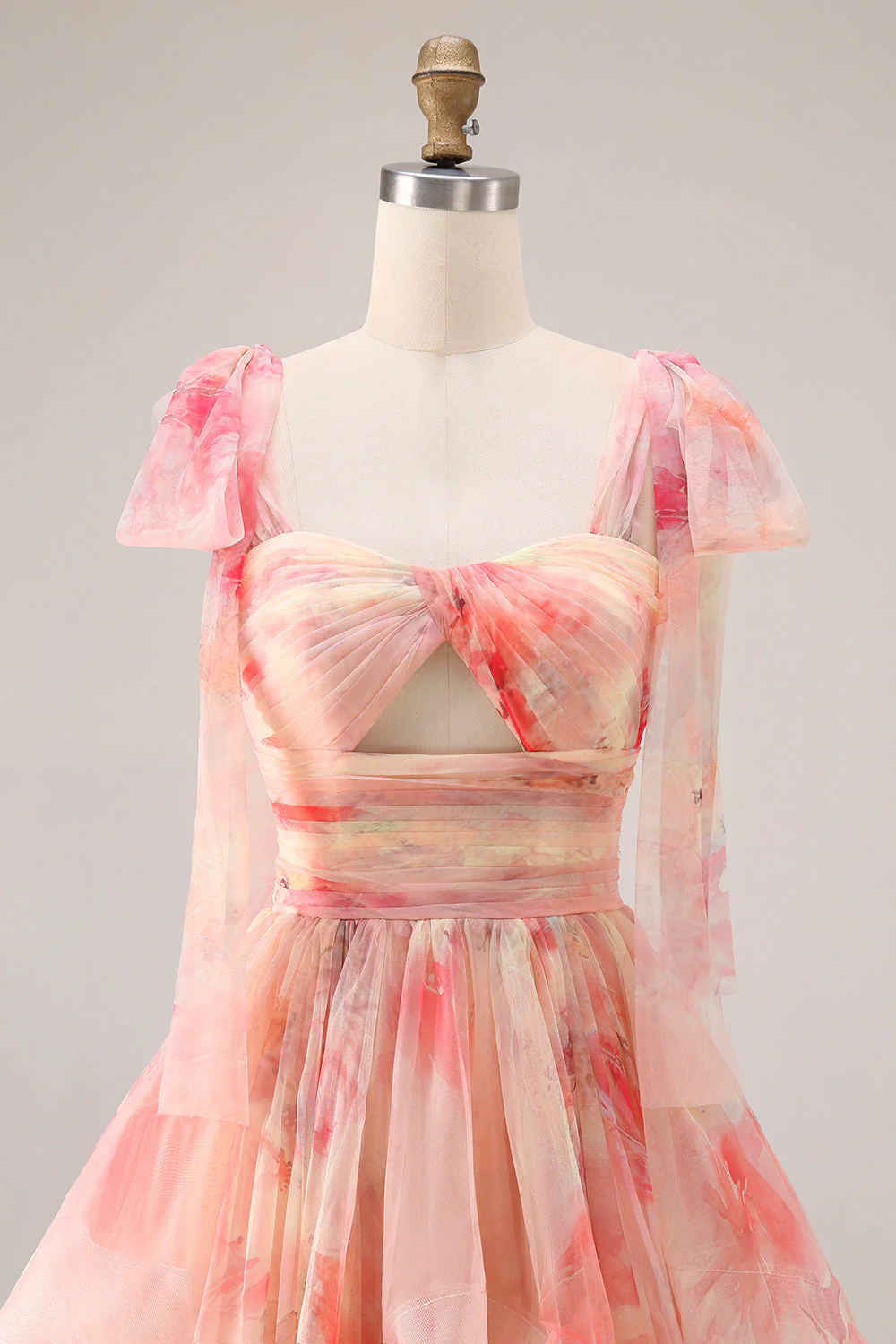 Sunset A-Line Cut Out Ruffled Printed Floral Long Prom Dress with Bow - Image 4