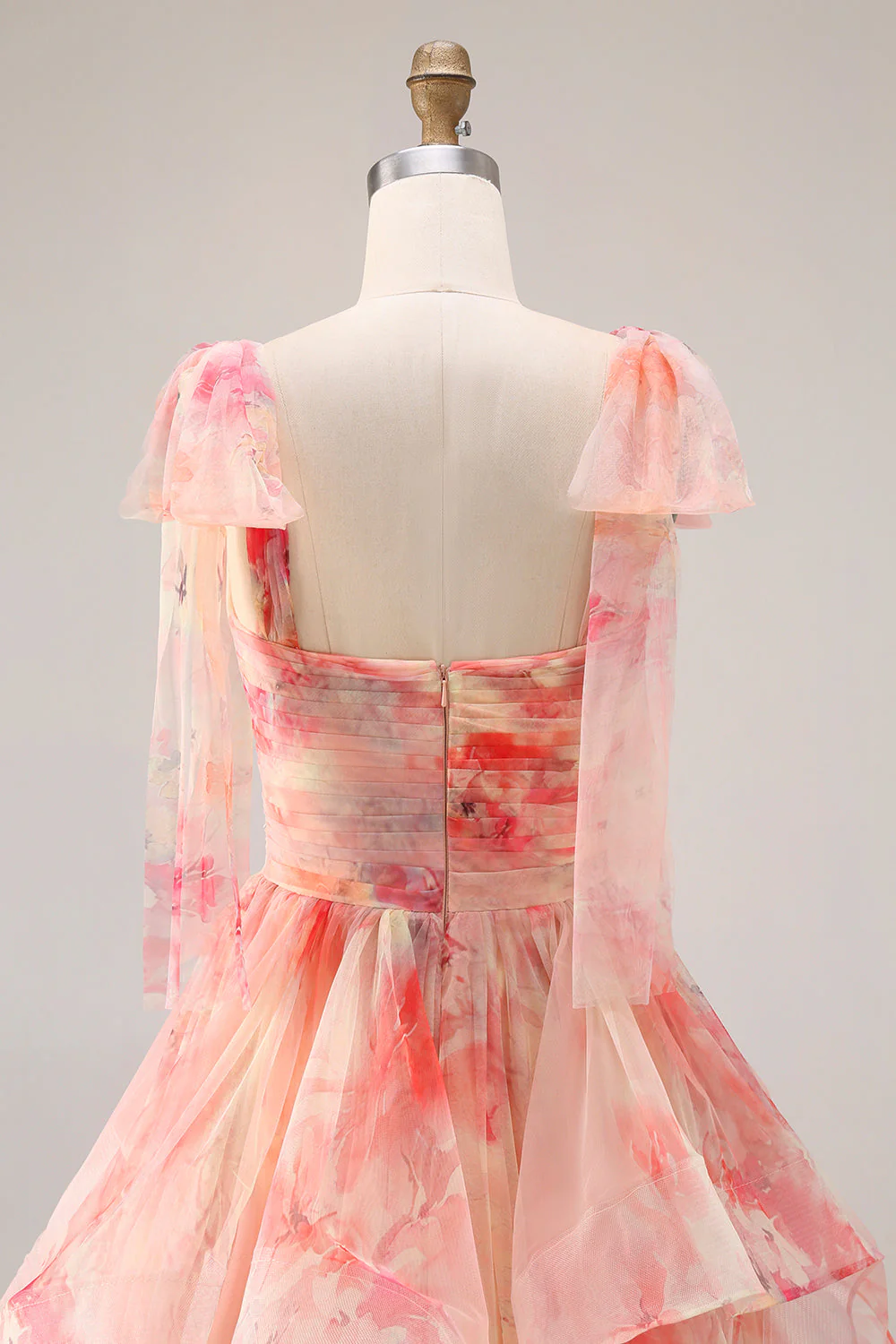 Sunset A-Line Cut Out Ruffled Printed Floral Long Prom Dress with Bow - Image 5