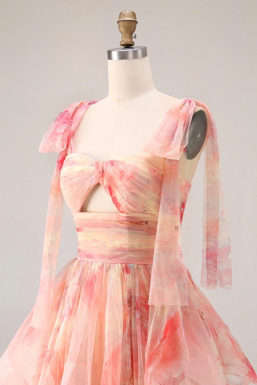 Sunset A-Line Cut Out Ruffled Printed Floral Long Prom Dress with Bow - Image 6