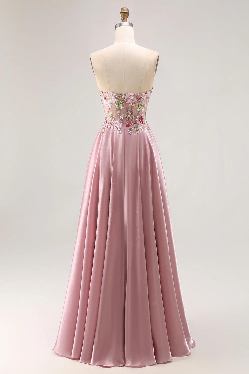 Sweetheart A Line Appliqued Grey Pink Long Prom Dress With Slit - Image 2