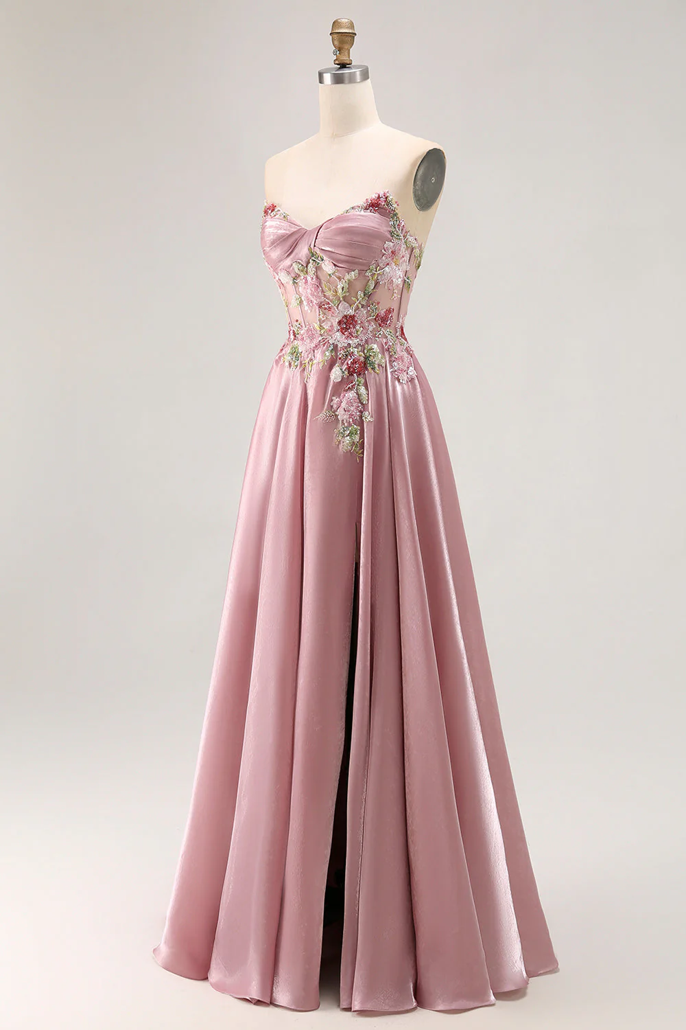 Sweetheart A Line Appliqued Grey Pink Long Prom Dress With Slit - Image 3