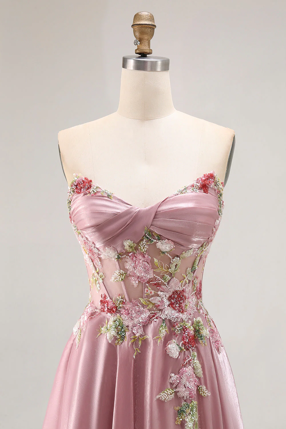Sweetheart A Line Appliqued Grey Pink Long Prom Dress With Slit - Image 4
