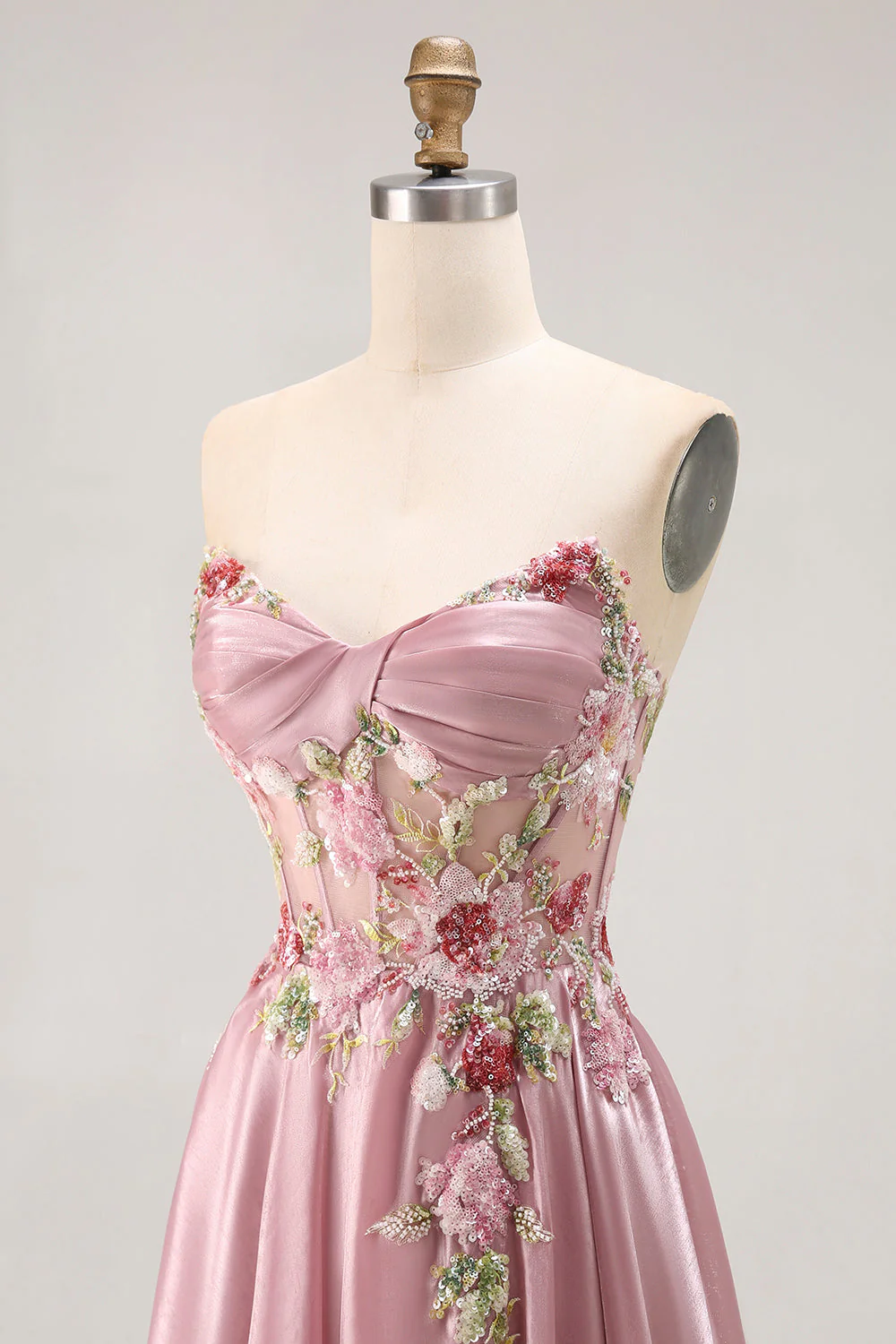 Sweetheart A Line Appliqued Grey Pink Long Prom Dress With Slit - Image 6