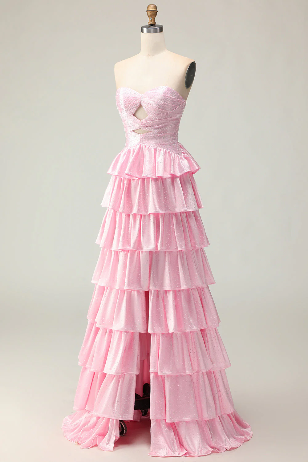 Sweetheart A Line Pink Beaded Tiered Cut Out Long Prom Dress with Ruffles - Image 3