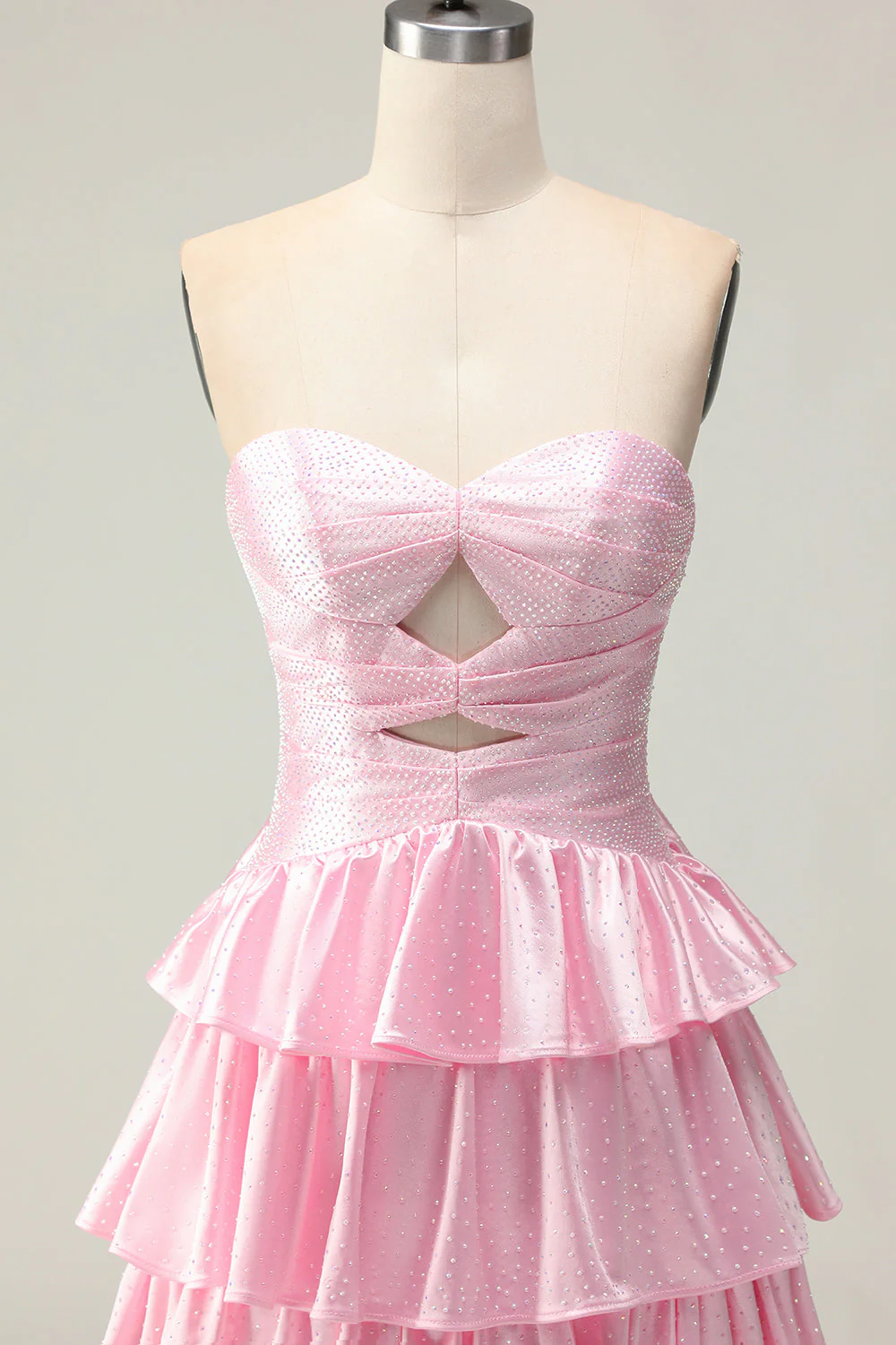 Sweetheart A Line Pink Beaded Tiered Cut Out Long Prom Dress with Ruffles - Image 4
