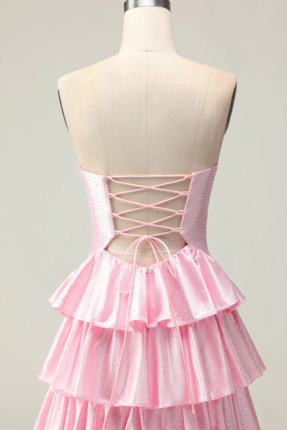 Sweetheart A Line Pink Beaded Tiered Cut Out Long Prom Dress with Ruffles - Image 5