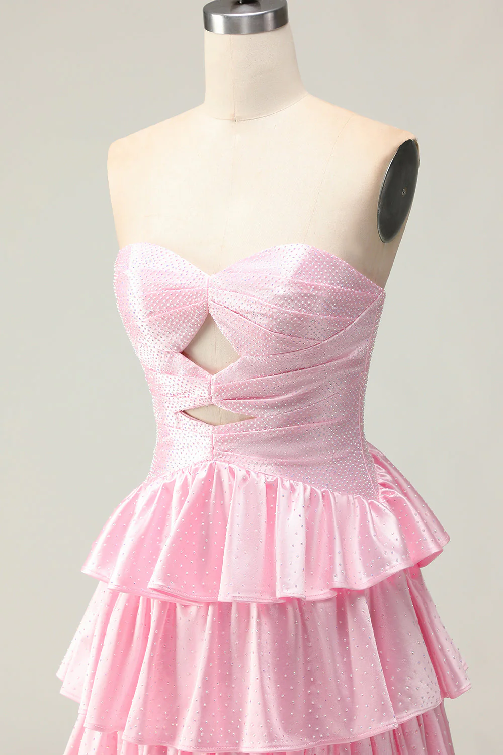 Sweetheart A Line Pink Beaded Tiered Cut Out Long Prom Dress with Ruffles - Image 6