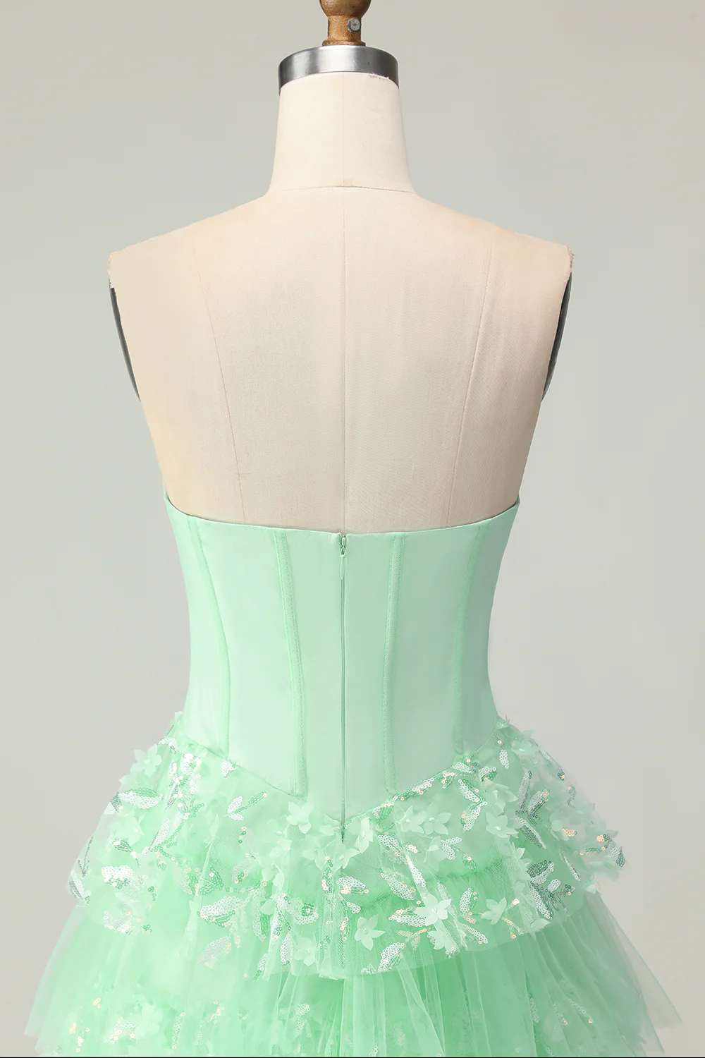 Green A Line Sweetheart Corset Tiered Ruffled Long Prom Dress with Sequins - Image 4