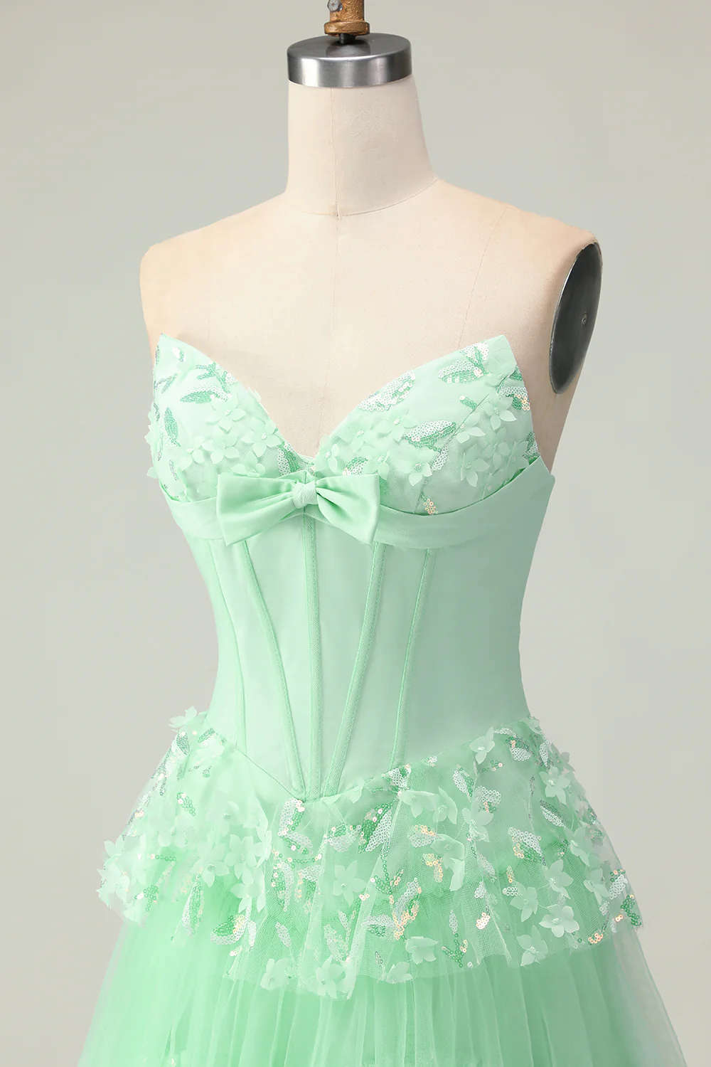 Green A Line Sweetheart Corset Tiered Ruffled Long Prom Dress with Sequins - Image 5