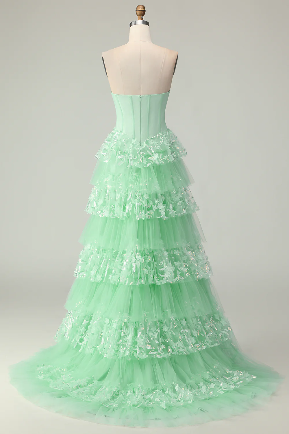 Green A Line Sweetheart Corset Tiered Ruffled Long Prom Dress with Sequins - Image 2