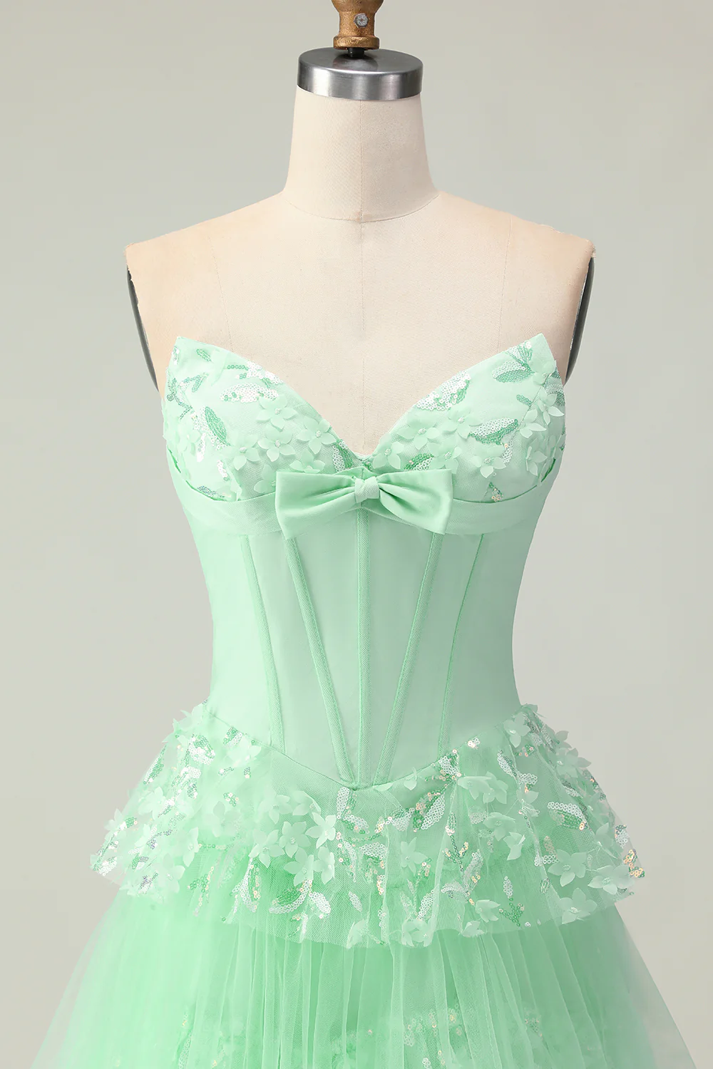 Green A Line Sweetheart Corset Tiered Ruffled Long Prom Dress with Sequins - Image 3