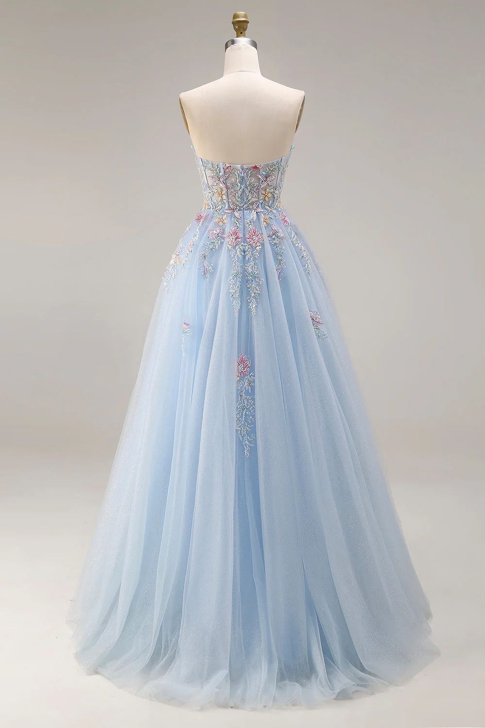 Sweetheart A-Line Sky Blue Corset Sequin Long Prom Dress with Beading - Image 2
