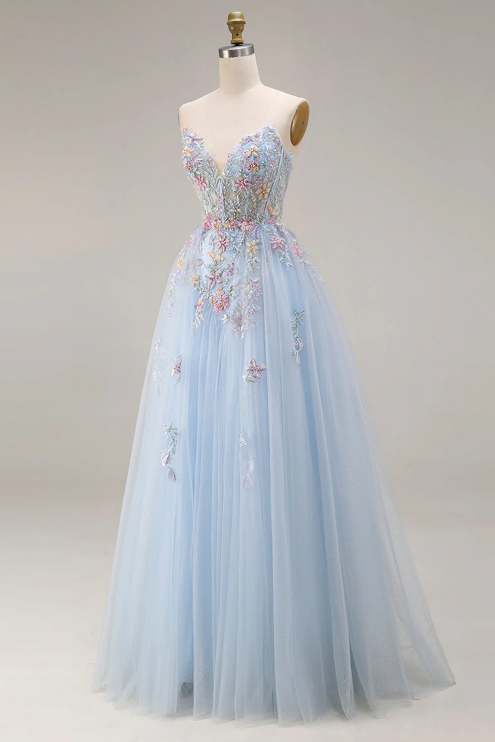Sweetheart A-Line Sky Blue Corset Sequin Long Prom Dress with Beading - Image 3