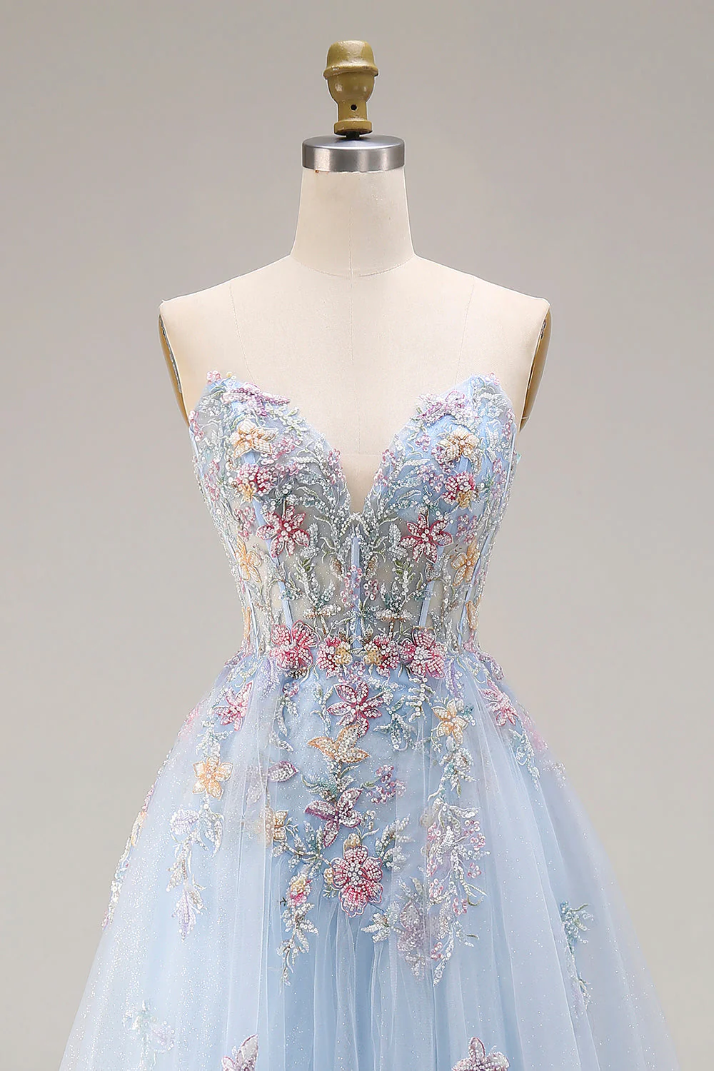Sweetheart A-Line Sky Blue Corset Sequin Long Prom Dress with Beading - Image 4