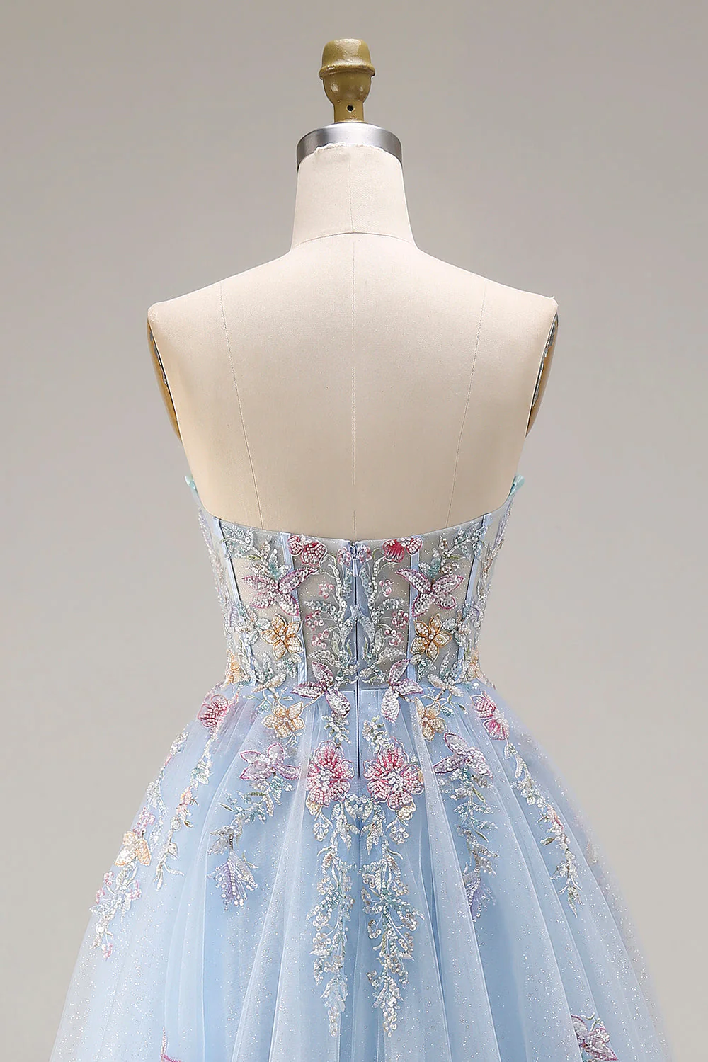 Sweetheart A-Line Sky Blue Corset Sequin Long Prom Dress with Beading - Image 5