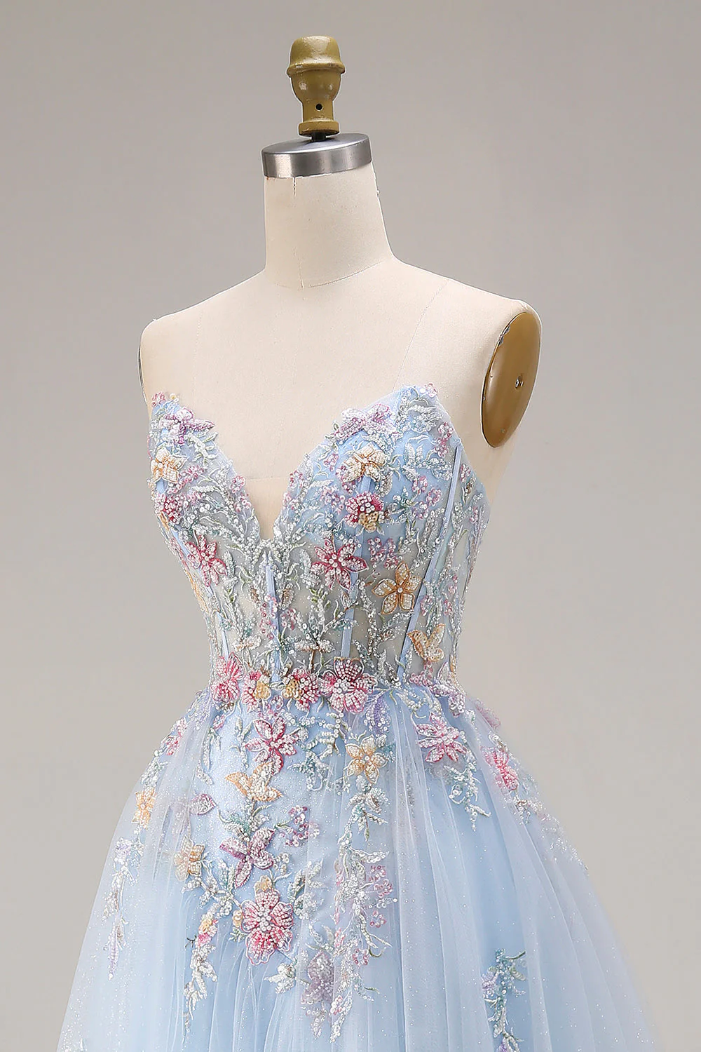 Sweetheart A-Line Sky Blue Corset Sequin Long Prom Dress with Beading - Image 6