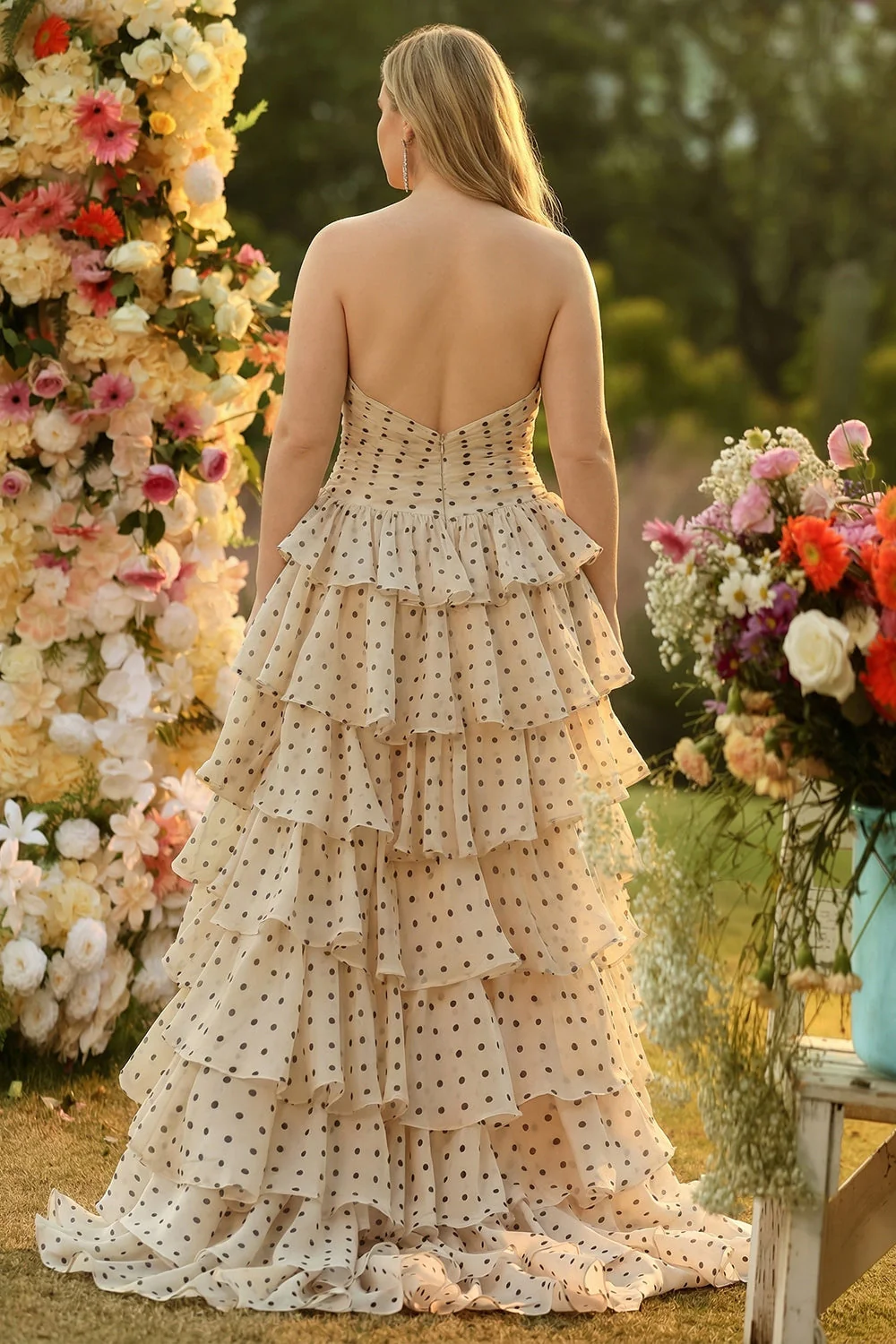 Sweetheart A Line Tiered Apricot Black Polka Dots Long Plus Size Prom Dress with Ruffles - Image 2