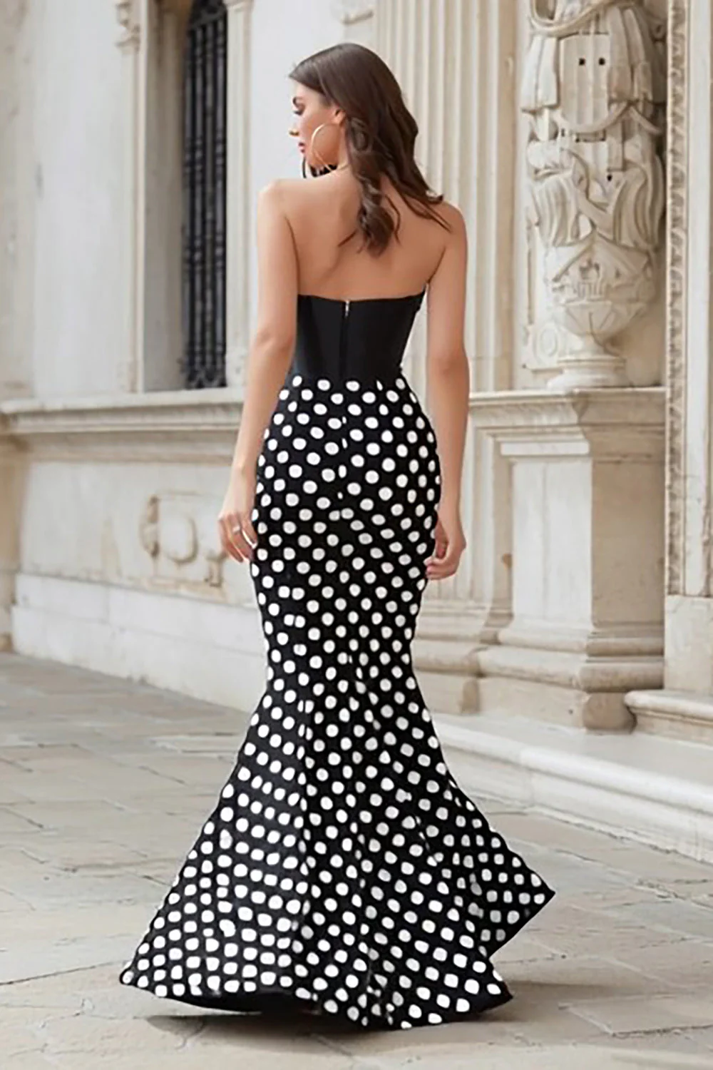 Sweetheart Black White Polka Dots Mermaid Satin Long Evening Dress - Image 2