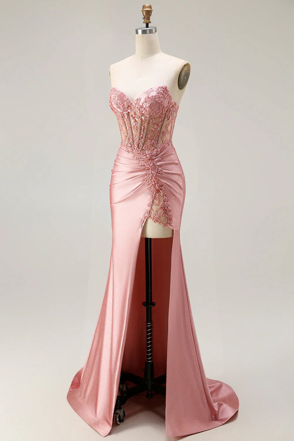 Sweetheart Blush Appliqued Corset Mermaid Beaded Long Prom Dress with Slit - Image 3
