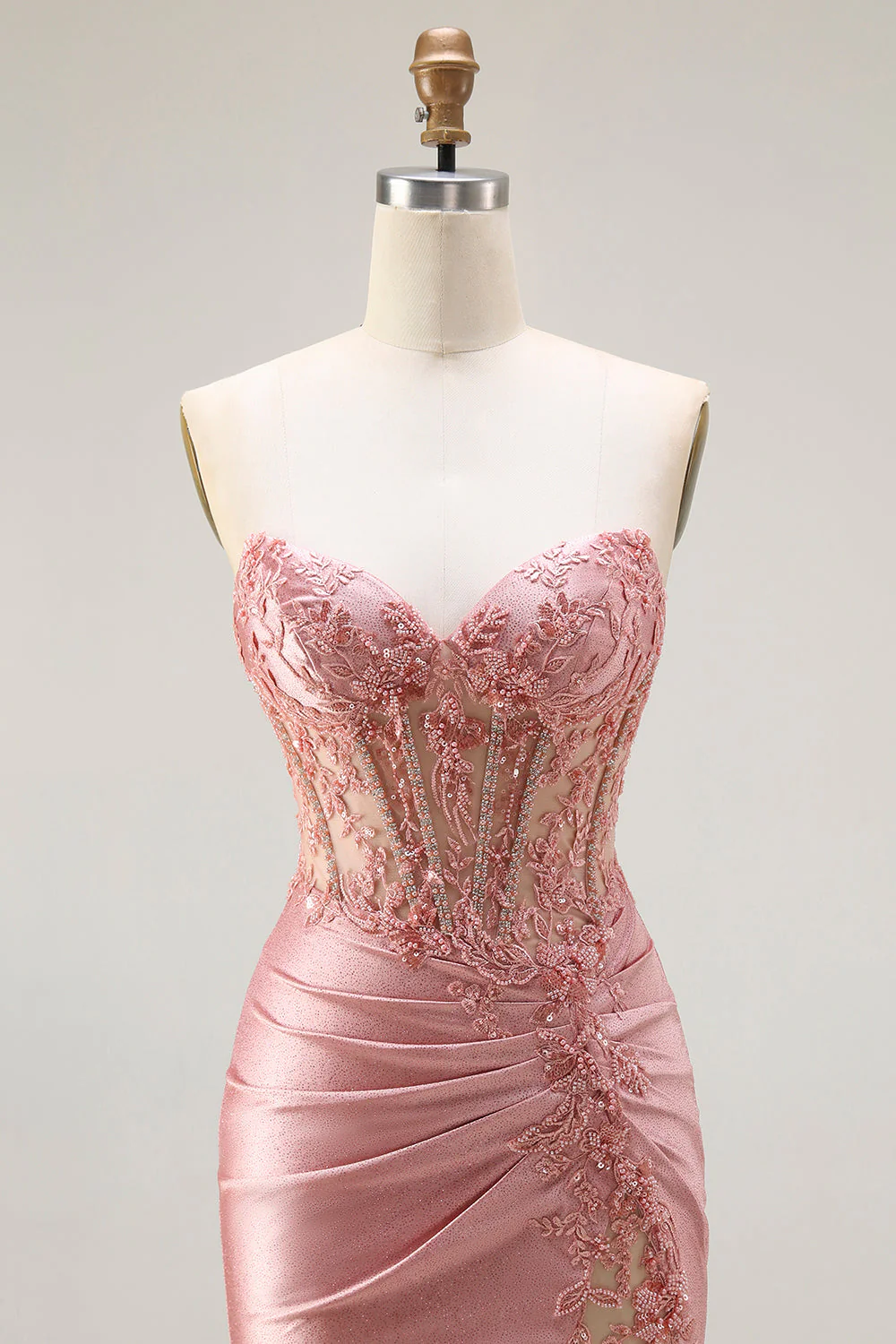 Sweetheart Blush Appliqued Corset Mermaid Beaded Long Prom Dress with Slit - Image 4
