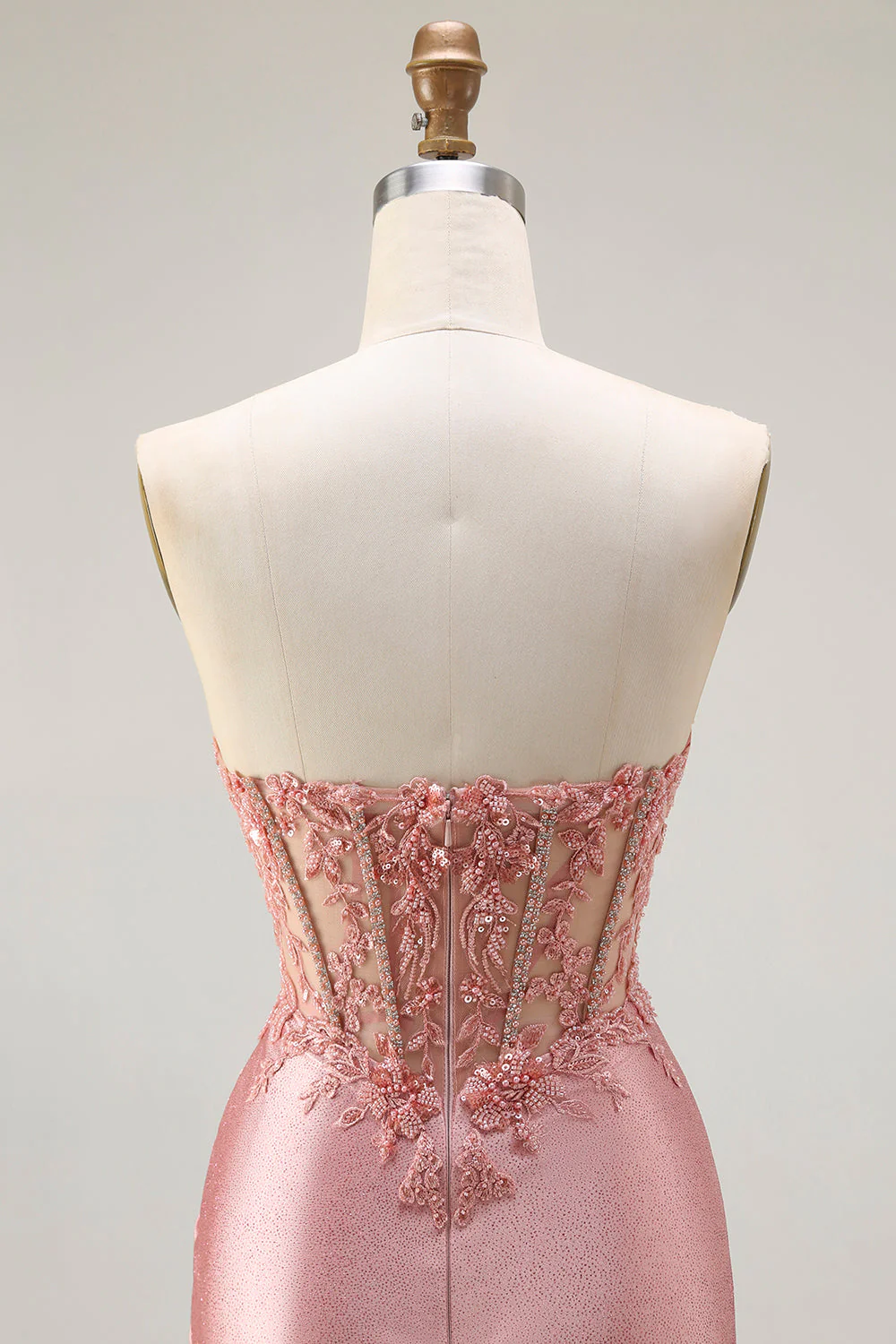 Sweetheart Blush Appliqued Corset Mermaid Beaded Long Prom Dress with Slit - Image 5
