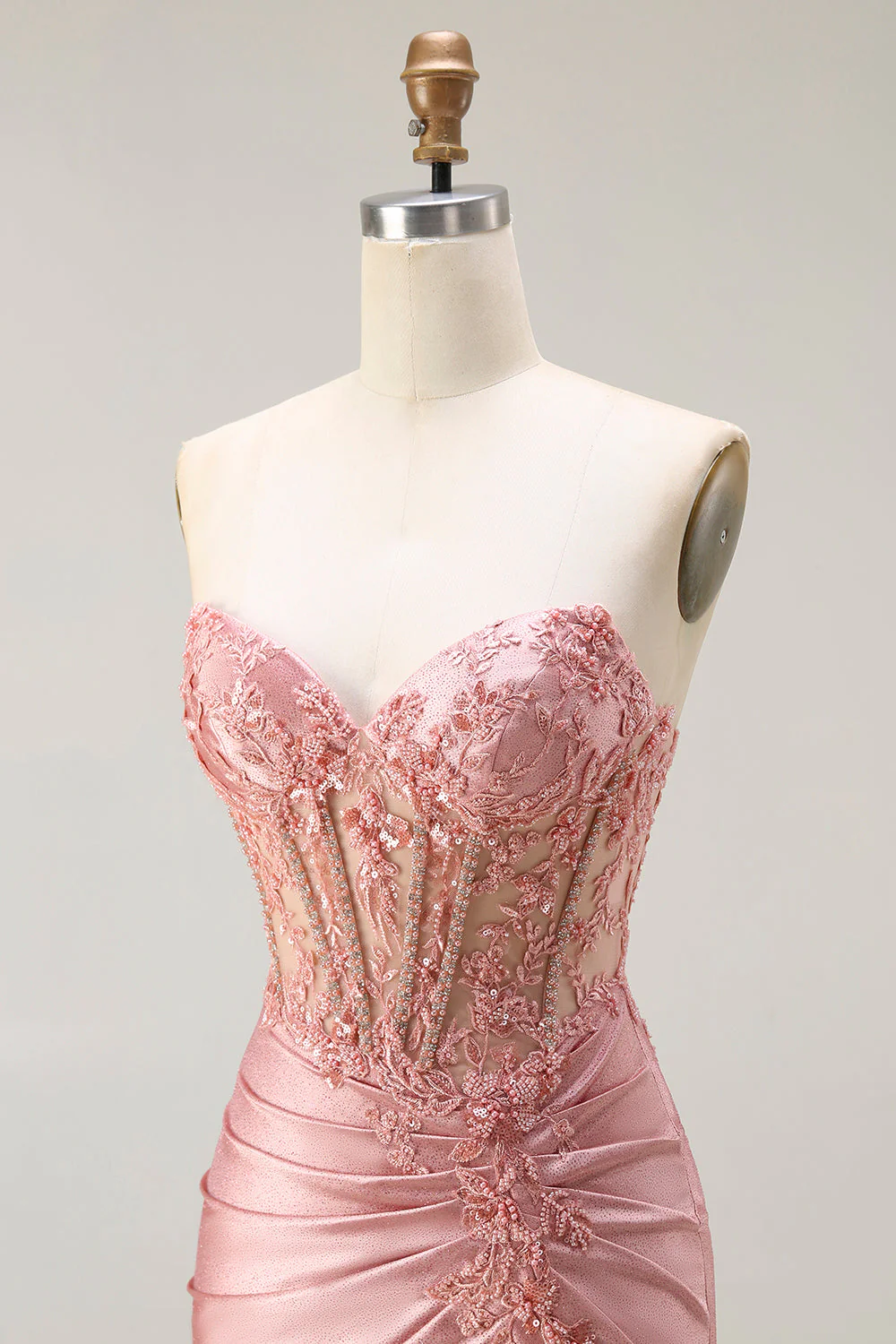 Sweetheart Blush Appliqued Corset Mermaid Beaded Long Prom Dress with Slit - Image 6