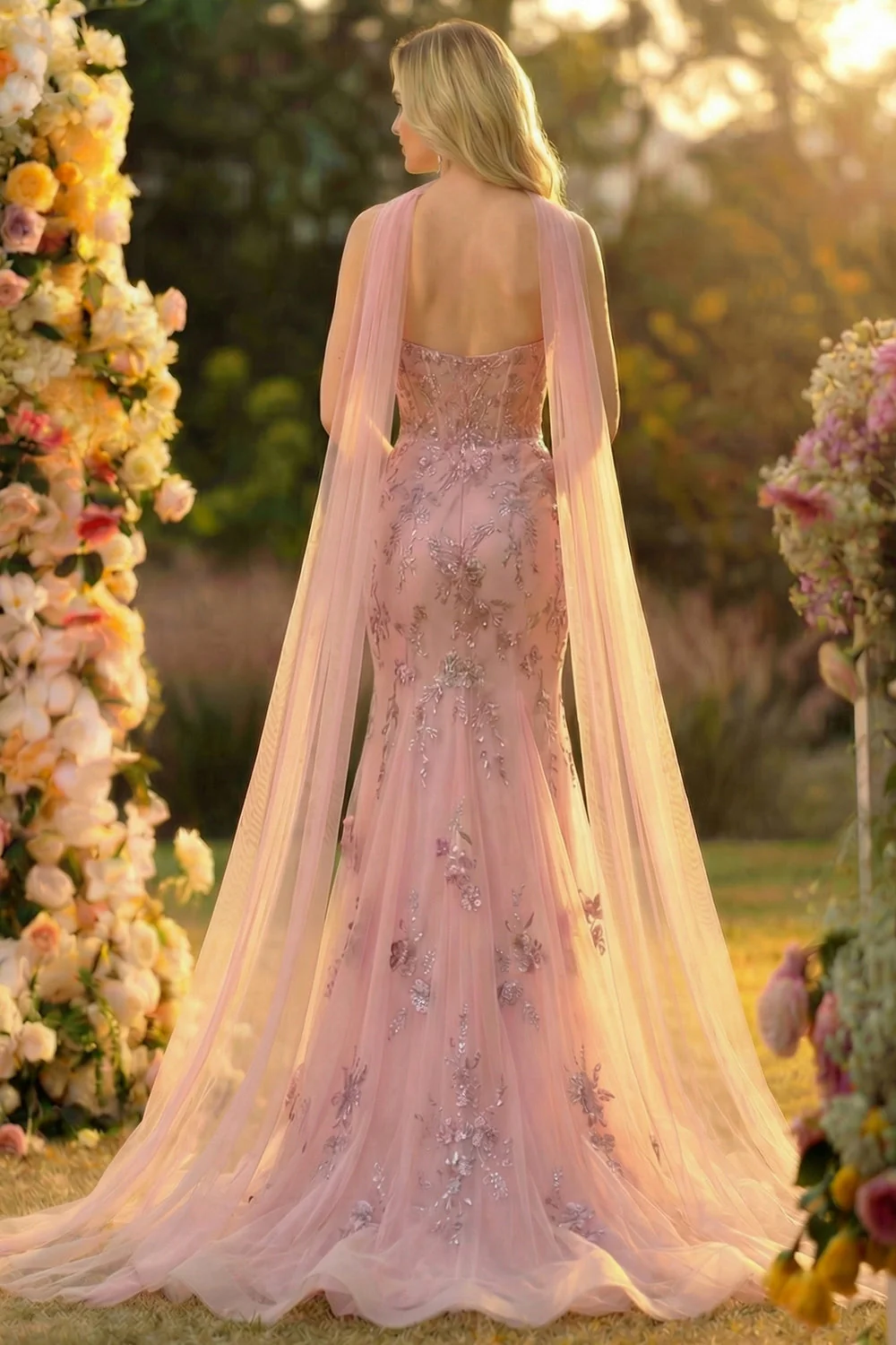 Sweetheart Blush Mermaid Embroidered Long Prom Dress with Neck Scarf - Image 2