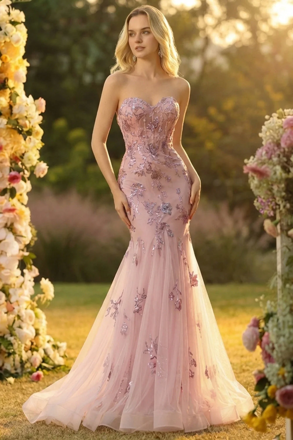 Sweetheart Blush Mermaid Embroidered Long Prom Dress with Neck Scarf - Image 3