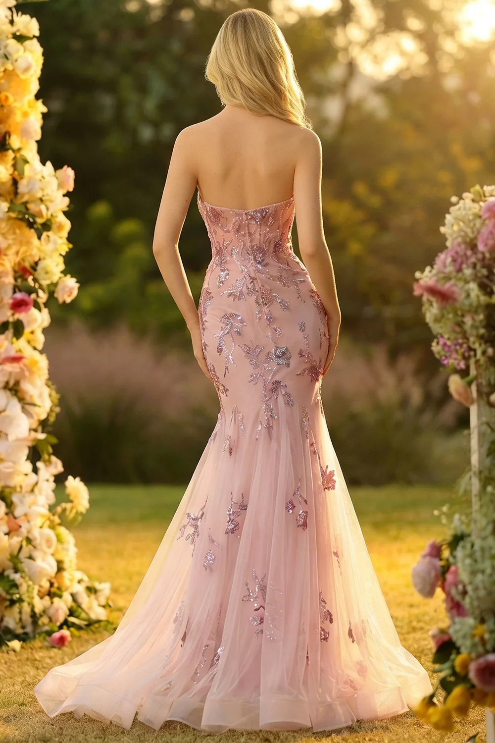 Sweetheart Blush Mermaid Embroidered Long Prom Dress with Neck Scarf - Image 4