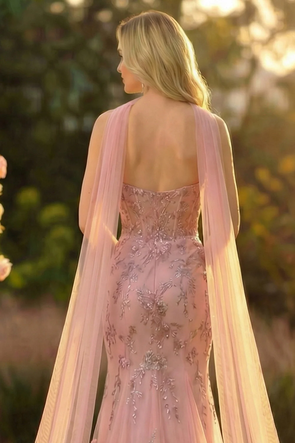 Sweetheart Blush Mermaid Embroidered Long Prom Dress with Neck Scarf - Image 5
