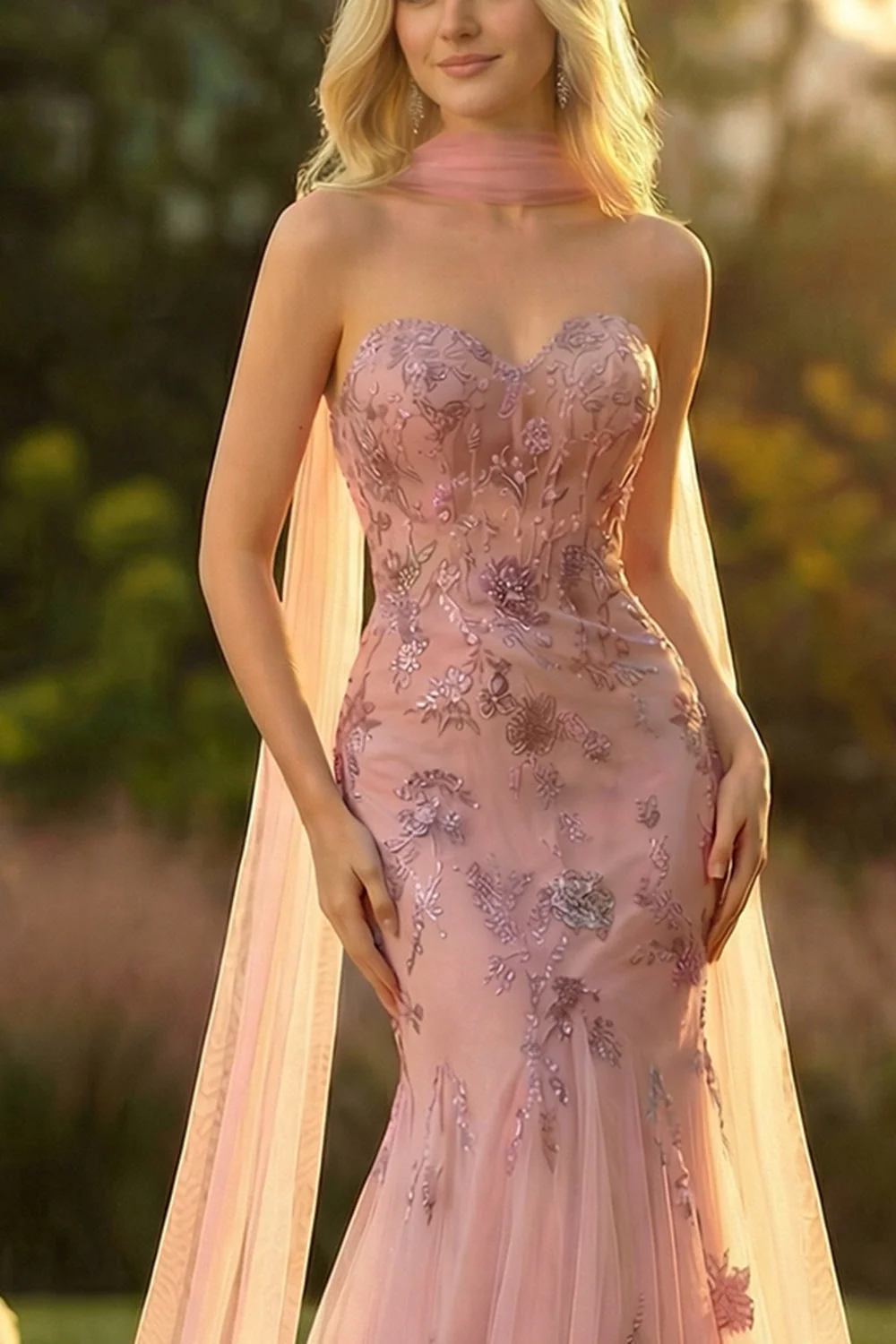 Sweetheart Blush Mermaid Embroidered Long Prom Dress with Neck Scarf - Image 6