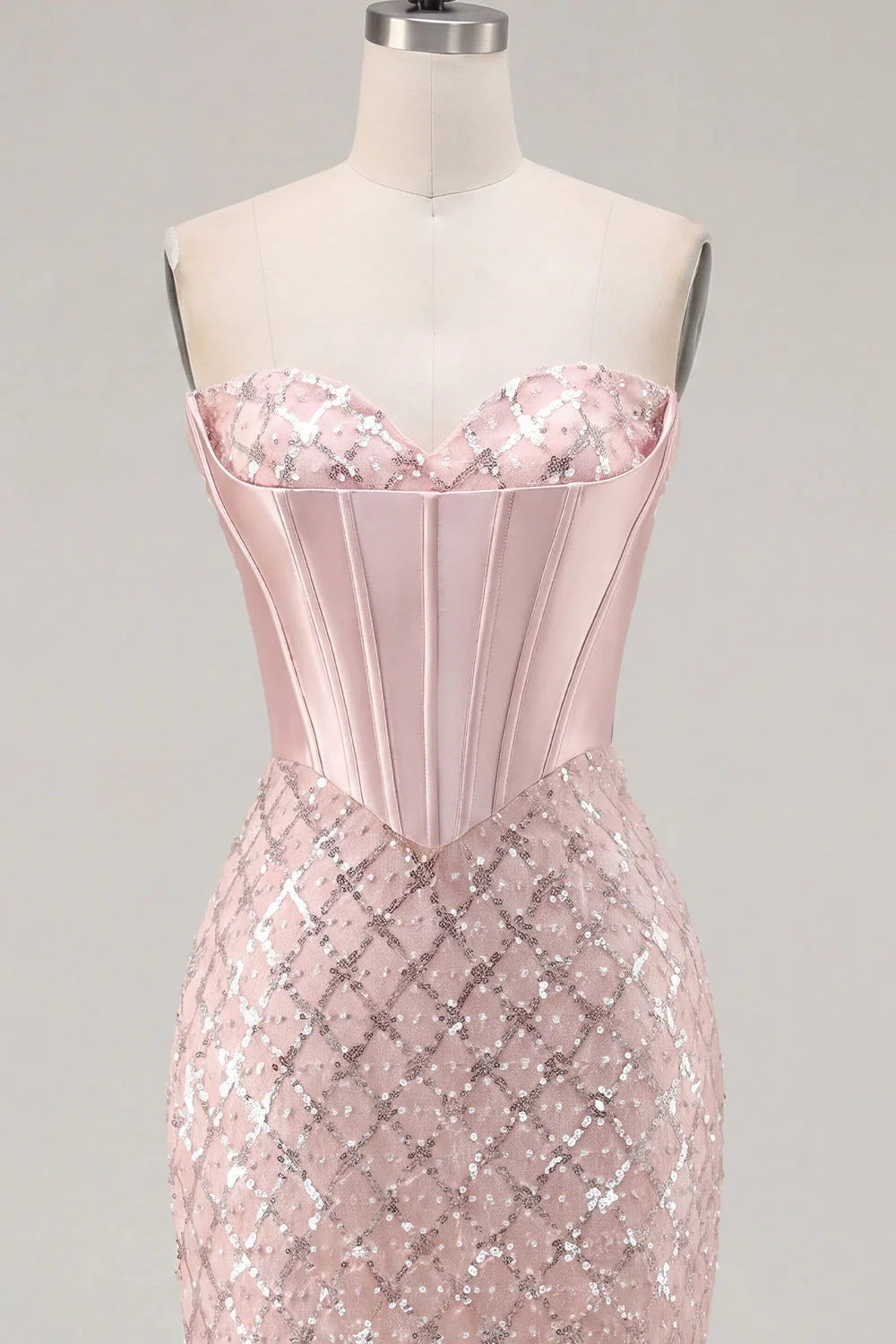 Sweetheart Blush Satin Bodycon Corset Sequin Cocktail Dress - Image 7