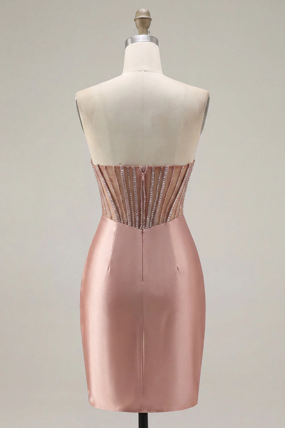 Strapless Blush Ruched Sheer Corset Beaded Cocktail Dress with Slit - Image 2