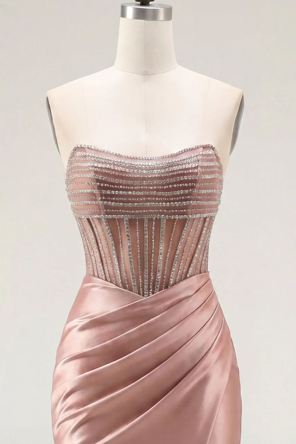 Strapless Blush Ruched Sheer Corset Beaded Cocktail Dress with Slit - Image 5