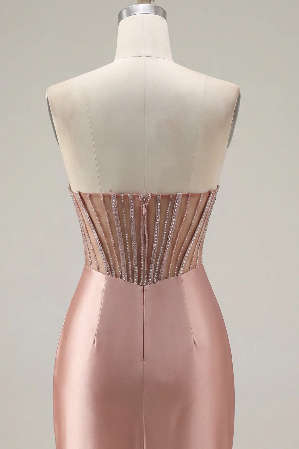 Strapless Blush Ruched Sheer Corset Beaded Cocktail Dress with Slit - Image 6