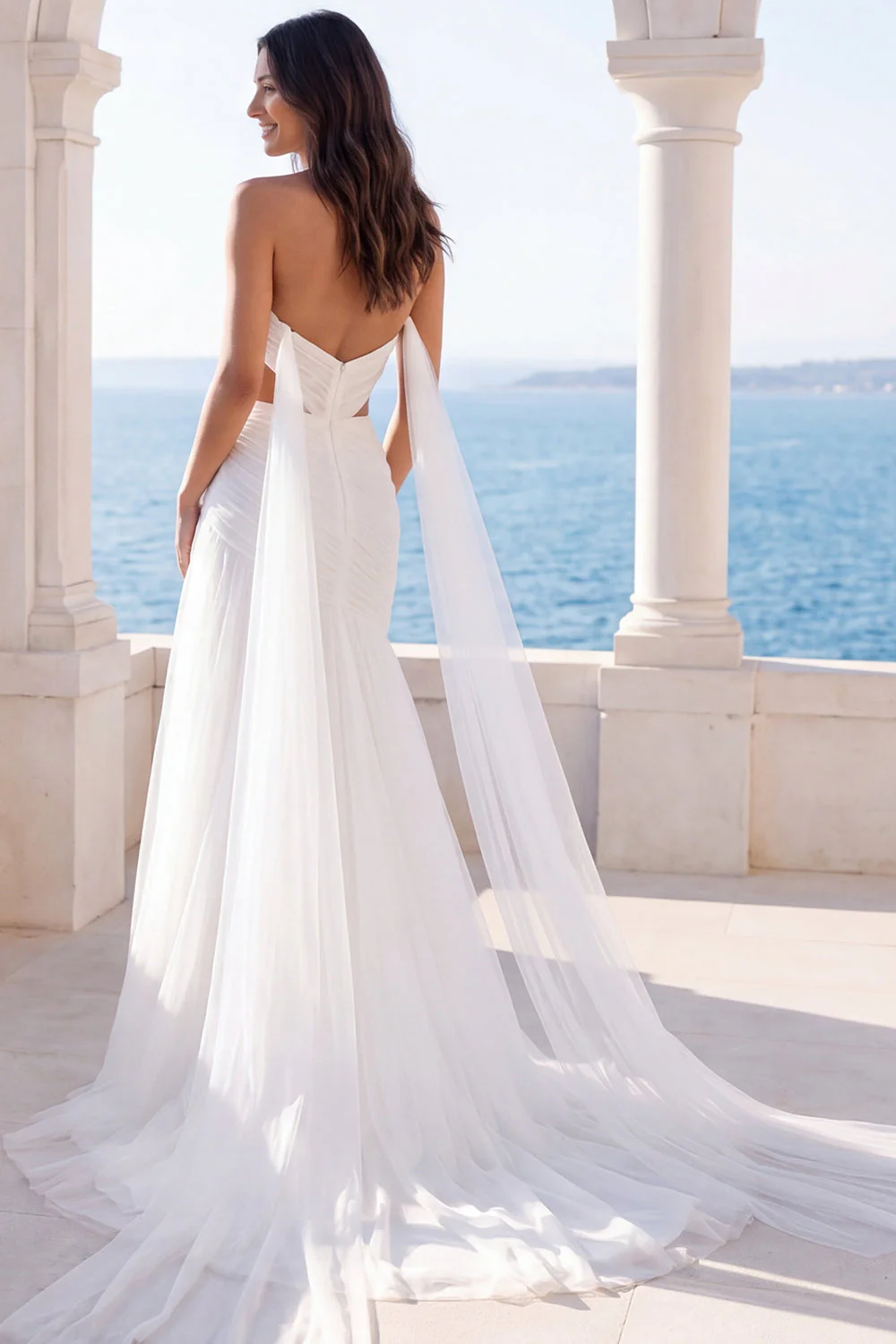 Sweetheart Ivory A Line Cut Out Beach Wedding Dress with Streamer - Image 2