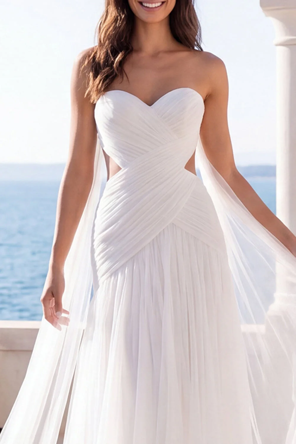 Sweetheart Ivory A Line Cut Out Beach Wedding Dress with Streamer - Image 3