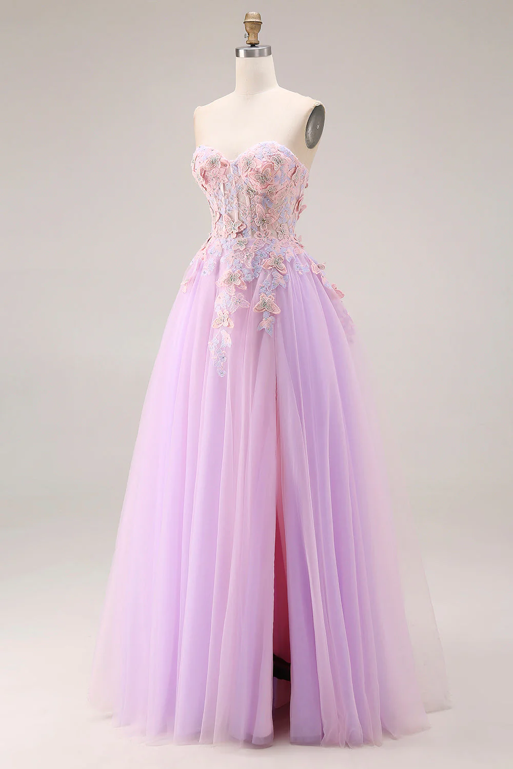 Sweetheart Lilac Tulle A-Line Appliqued Long Prom Dress with Slit - Image 3