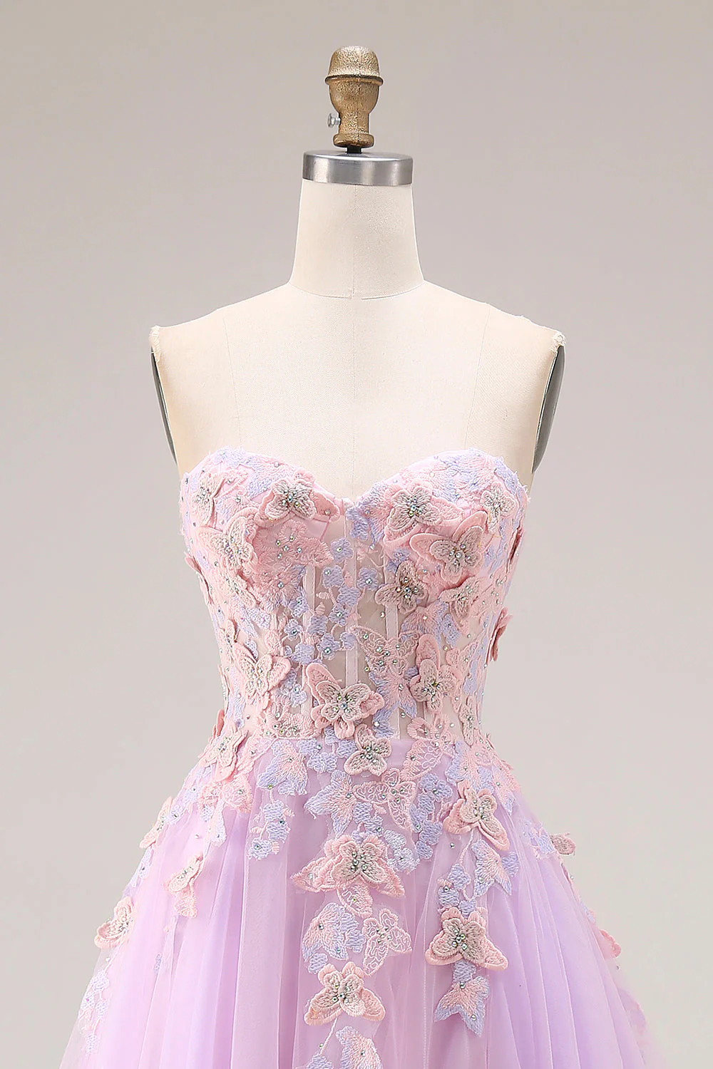 Sweetheart Lilac Tulle A-Line Appliqued Long Prom Dress with Slit - Image 4