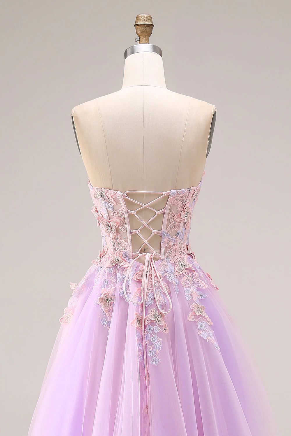 Sweetheart Lilac Tulle A-Line Appliqued Long Prom Dress with Slit - Image 5